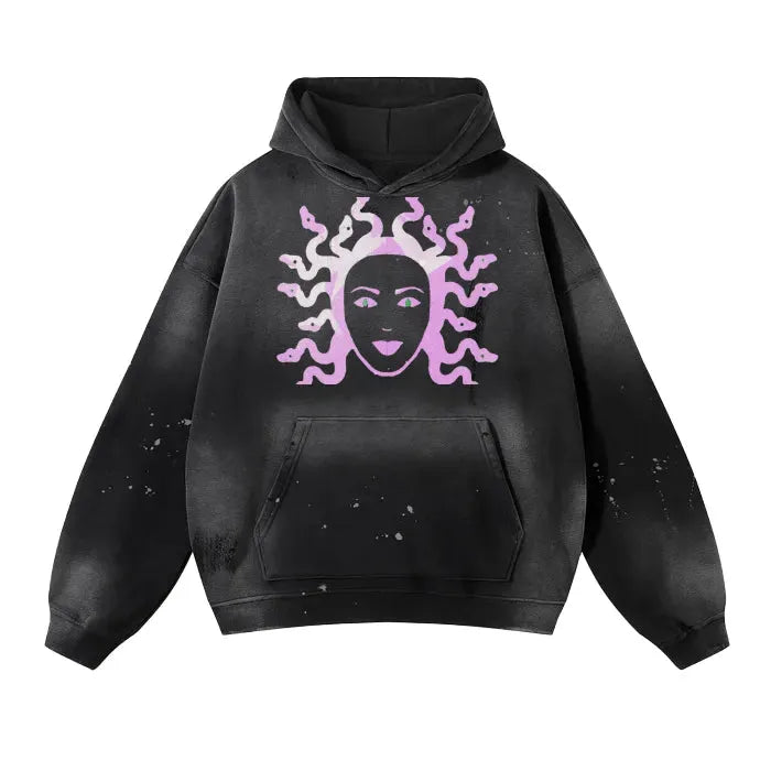 Premium Vintage Wash Medusa Sweater Hoodie - Distressed Fleece Pullover with 360 GSM Heavyweight Fabric for Men & Women | Perfect for Casual Wear, Street Style & Winter Fashion
