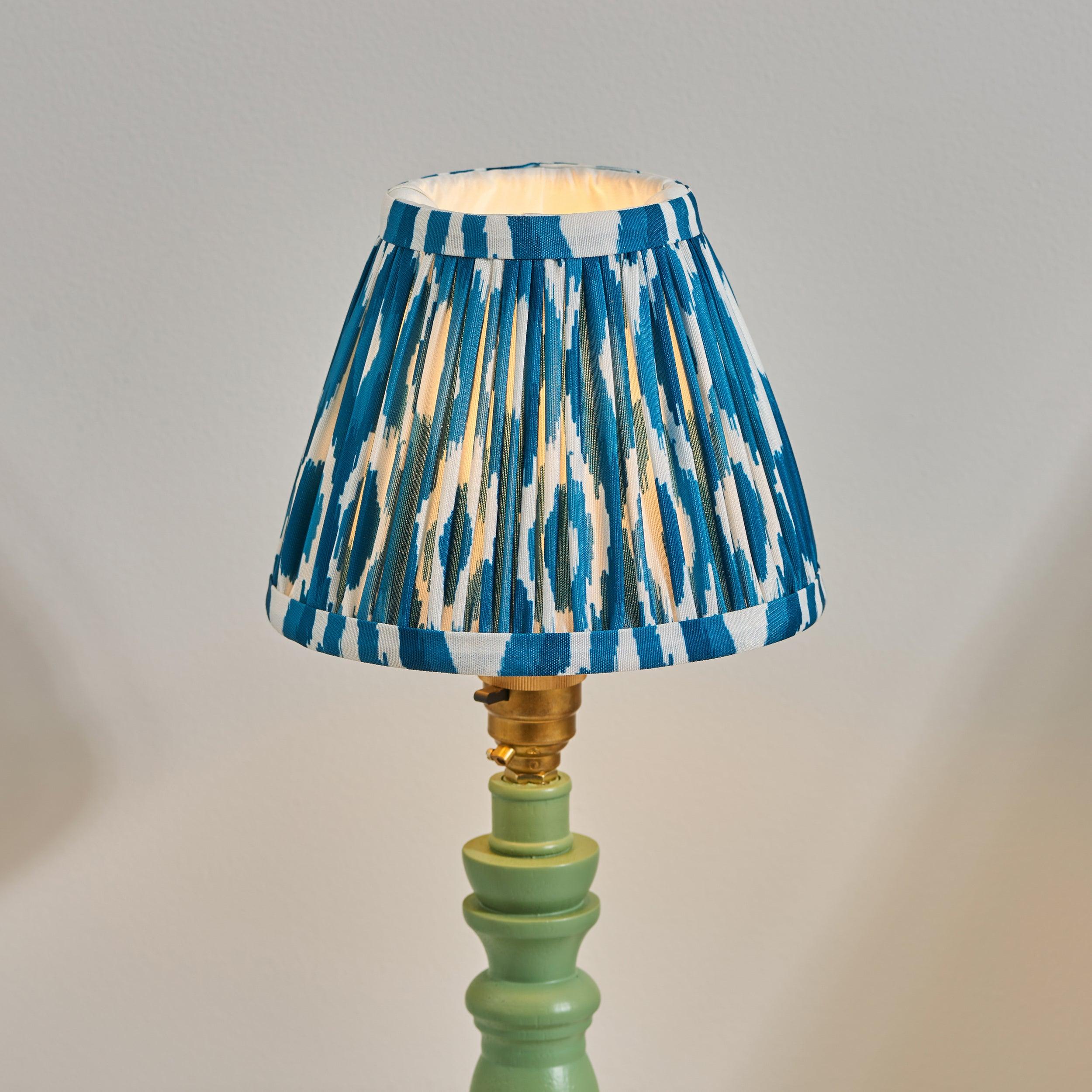 Bibury Green Table Lamp with Ikat 16cm Marlin Blue Shade - Modern Home Office Lighting, Bedside Nightstand Lamp for Living Room & Bedroom Decor