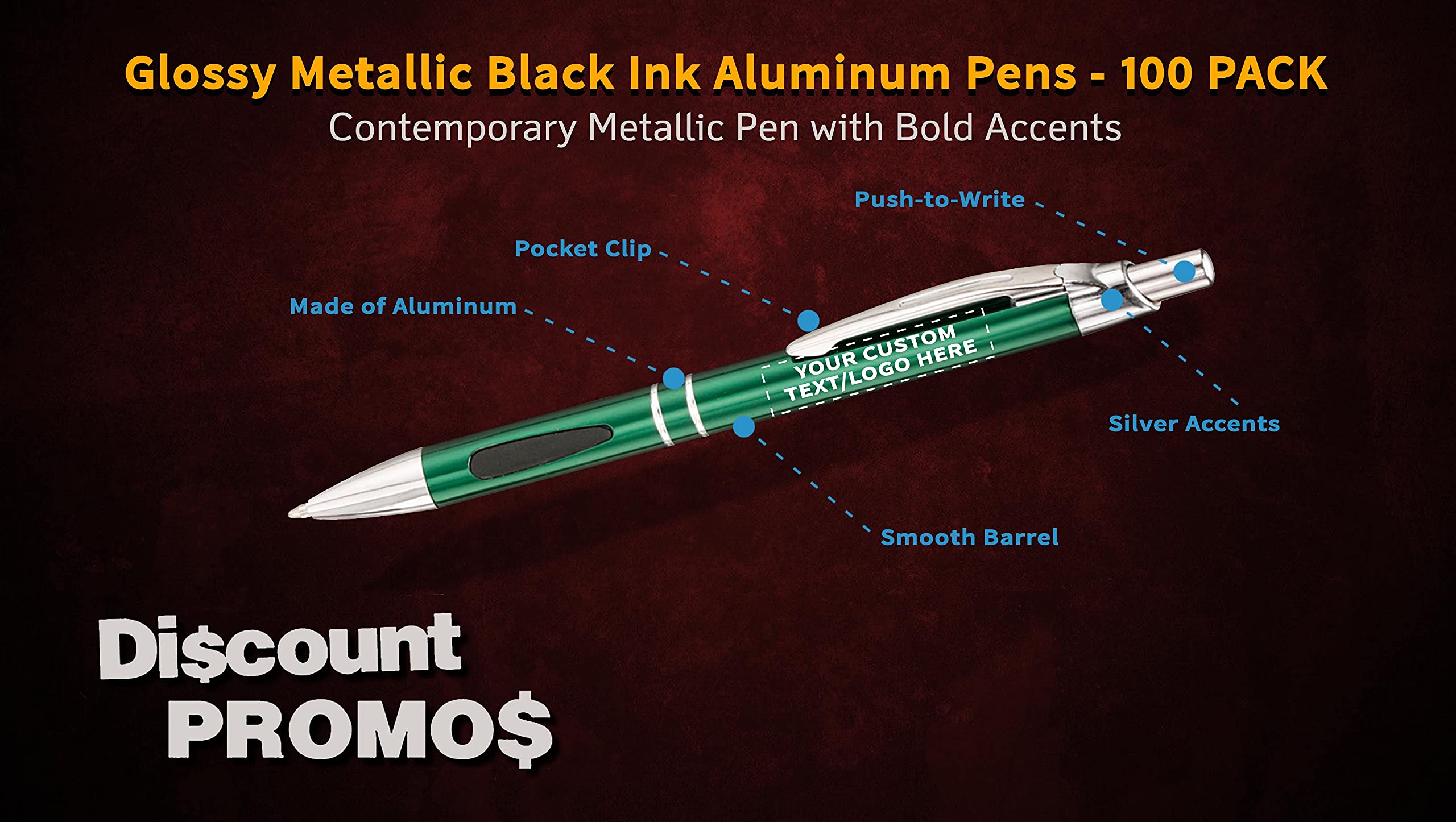 100 Pack Black Ink Metal Pens with Custom Text & Logo - Retractable Ballpoint Pens with Silver Accents - Premium Office & School Supplies for Business Gifts, Promotions & Everyday Writing