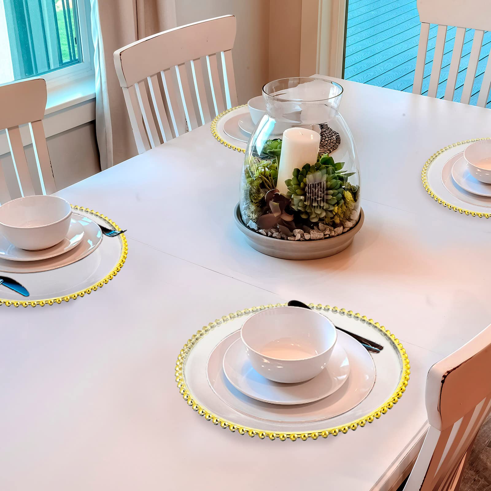 50 Pcs Clear Plastic Charger Plates 13 Inch - Round Beaded Rim Dinner Plates for Wedding, Birthday, Bridal Shower Party - Gold Decorative Tableware for Home & Kitchen Use