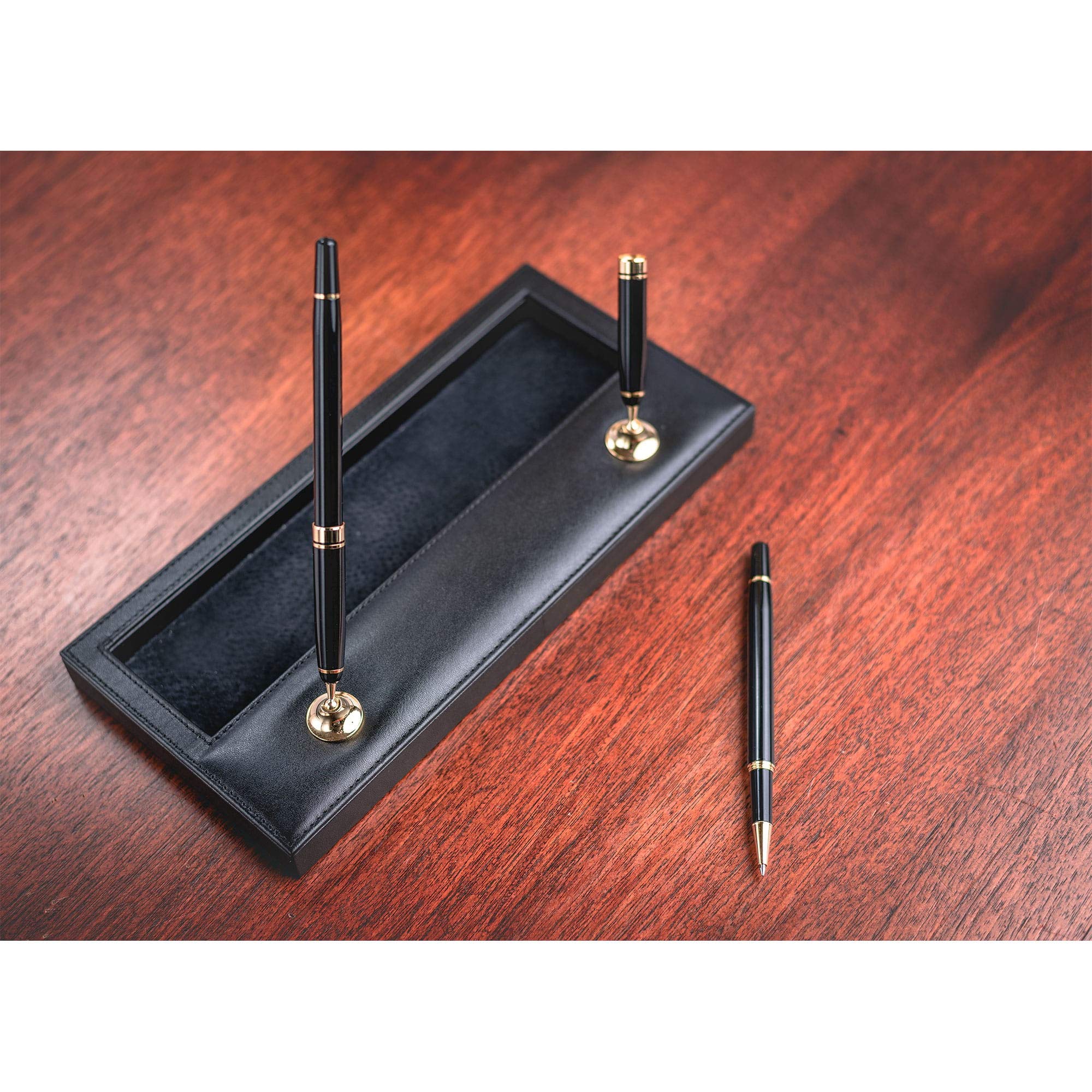 Premium Black Leather Pen Holder with Double Gold Accents - Elegant Desk Organizer for Office, Home & Gift Giving