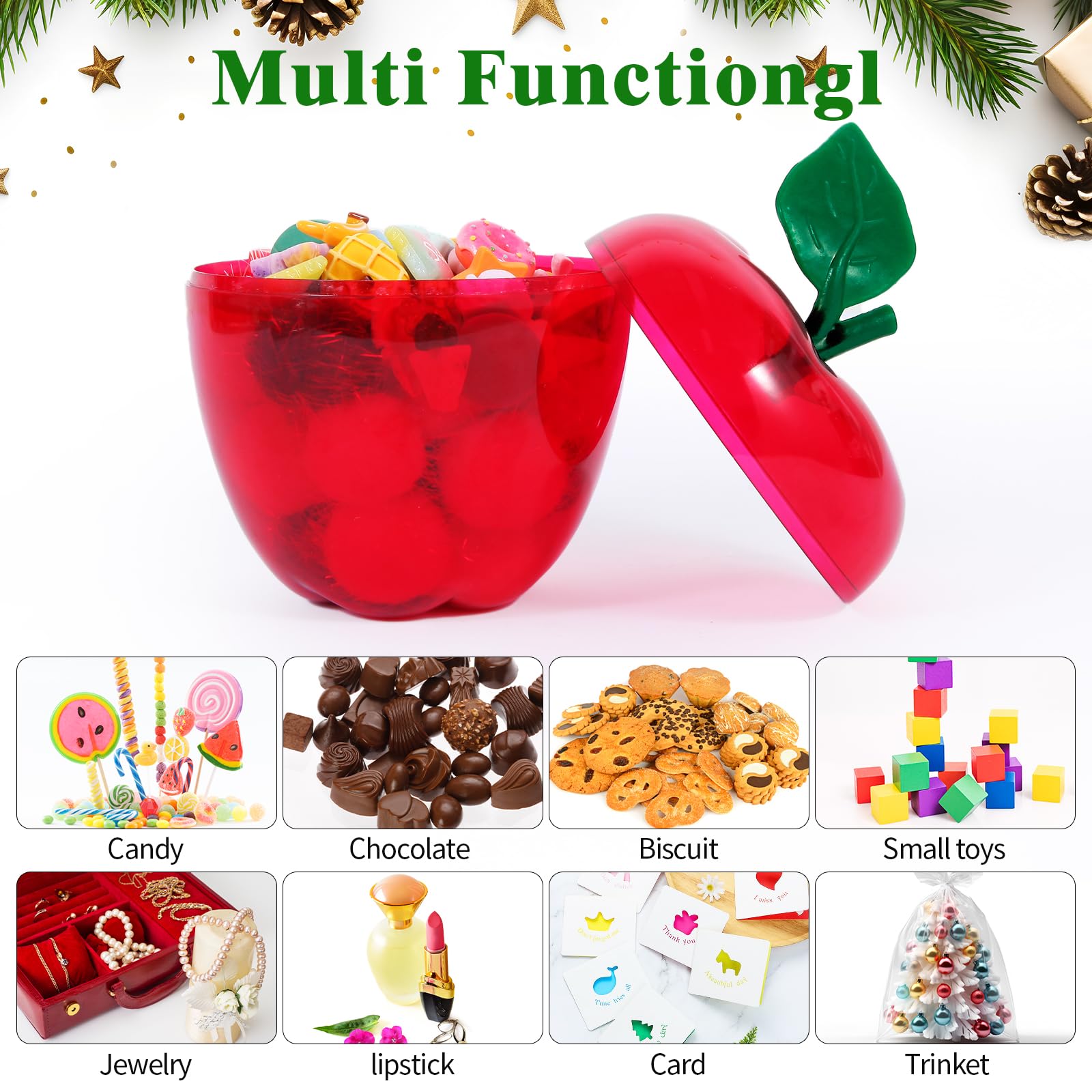 4 Pack Large Red Plastic Apple Containers - Storage Jars for Candy, Snacks & Classroom Supplies | Perfect for Wedding, Valentine's Day Party Decor, Back to School, Teacher Appreciation & Mother's Day Gifts | Ideal for Home, Office & Party Organization