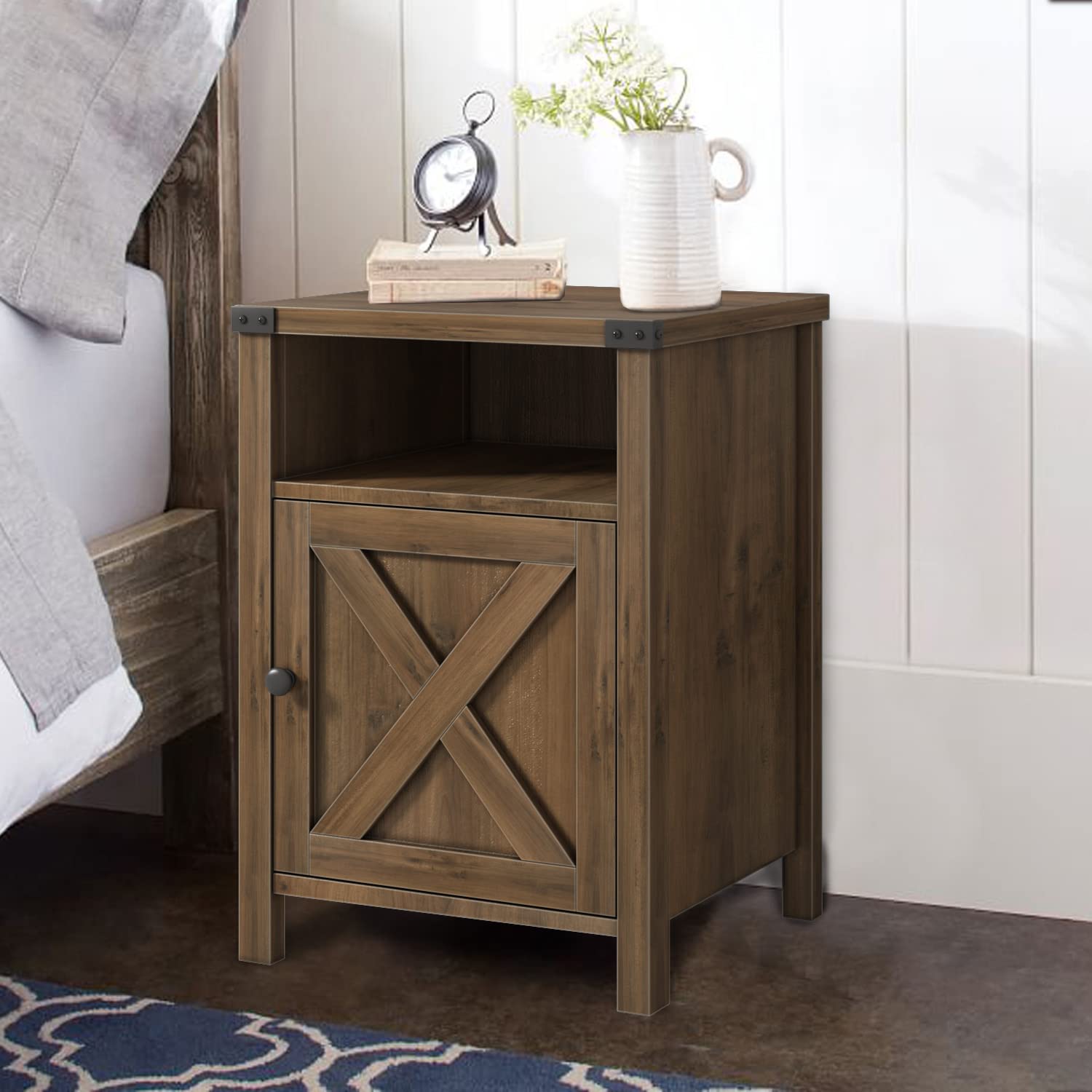 Rustic Oak End Table Set of 2 - Farmhouse Nightstand with Barn Door & Shelf, Side Table for Bedroom & Living Room | Perfect for Cozy Home Decor, Farmhouse Style Bedside Tables, and Rustic Living Room Accent Furniture