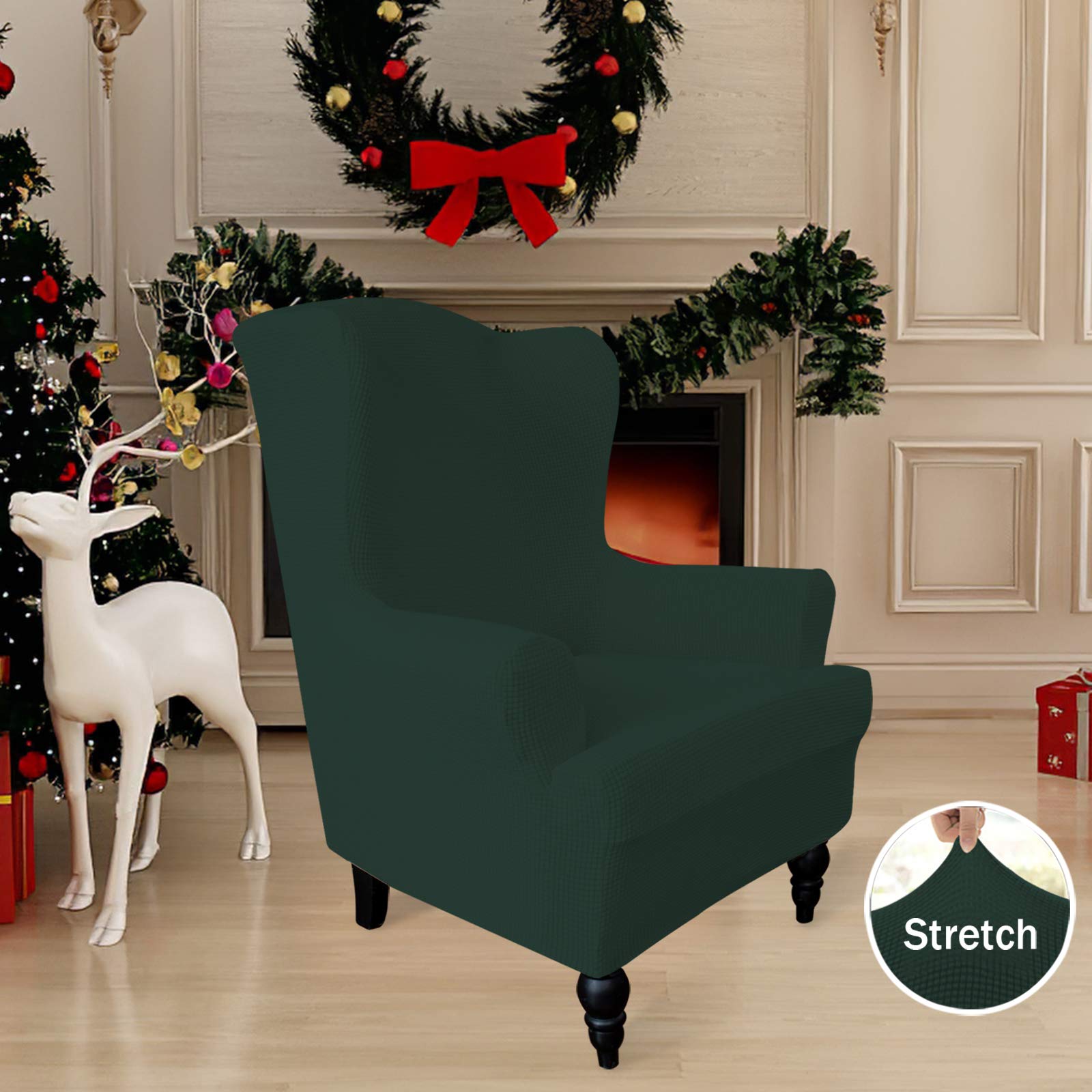 Stretch Wingback Chair Slipcover - 1-Piece Elastic Sofa Cover with Jacquard Fabric - Dark Green Polyester Spandex Furniture Protector for Wing Chair - Perfect for Living Room, Office & Home Decor