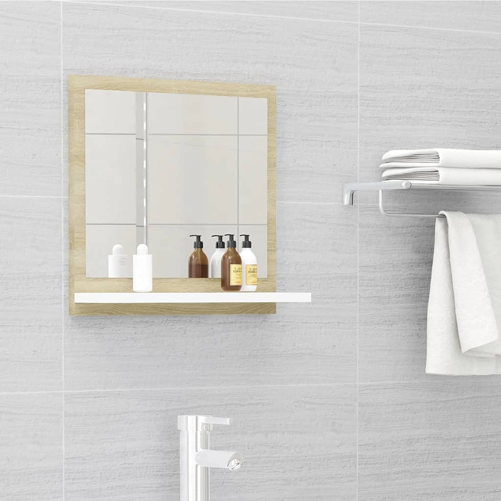 Wall Mounted Acrylic Bathroom Mirror with Open Shelves - White & Sonoma Oak (15.7