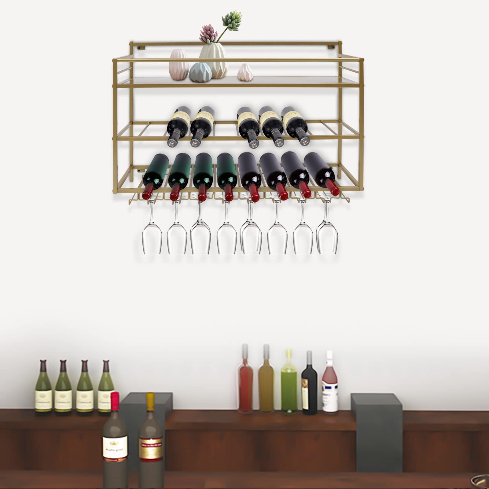 3-Tier Wall Mount Wine Rack with Glass Holders - Industrial Metal Hanging Wine Bottle Storage Shelf - Heavy Duty Floating Wine Rack for Home Bar, Kitchen, Dining Room - Perfect for Wine Lovers & Entertaining Guests