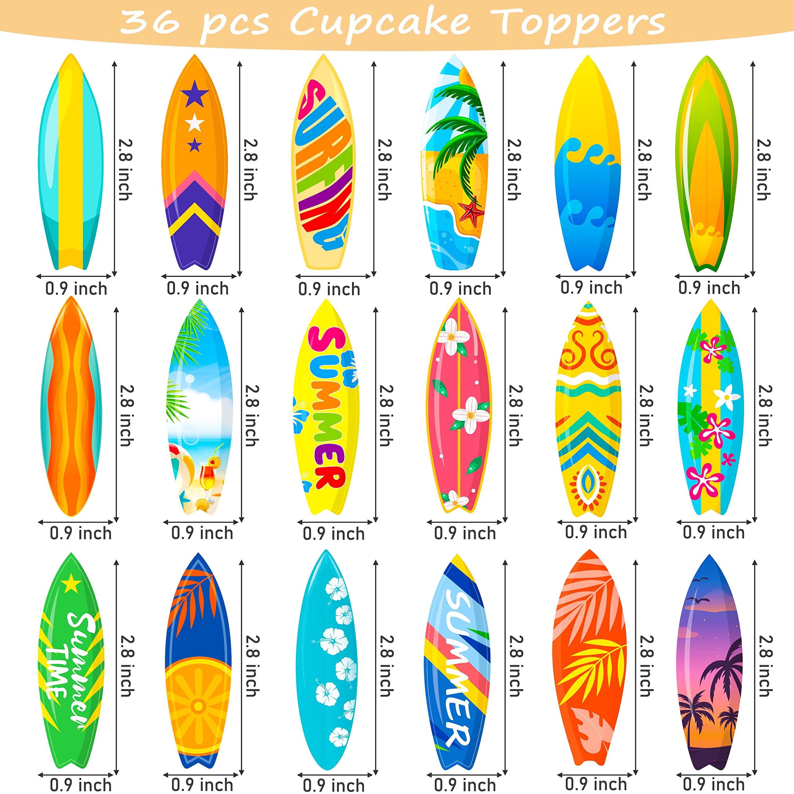 36pcs Surfboard Cupcake Toppers - Summer Beach Party Decorations for Pool Birthday, Baby Shower & Hawaii Themed Events - Perfect for Summer Celebrations, Beach Weddings and Tropical Themed Desserts