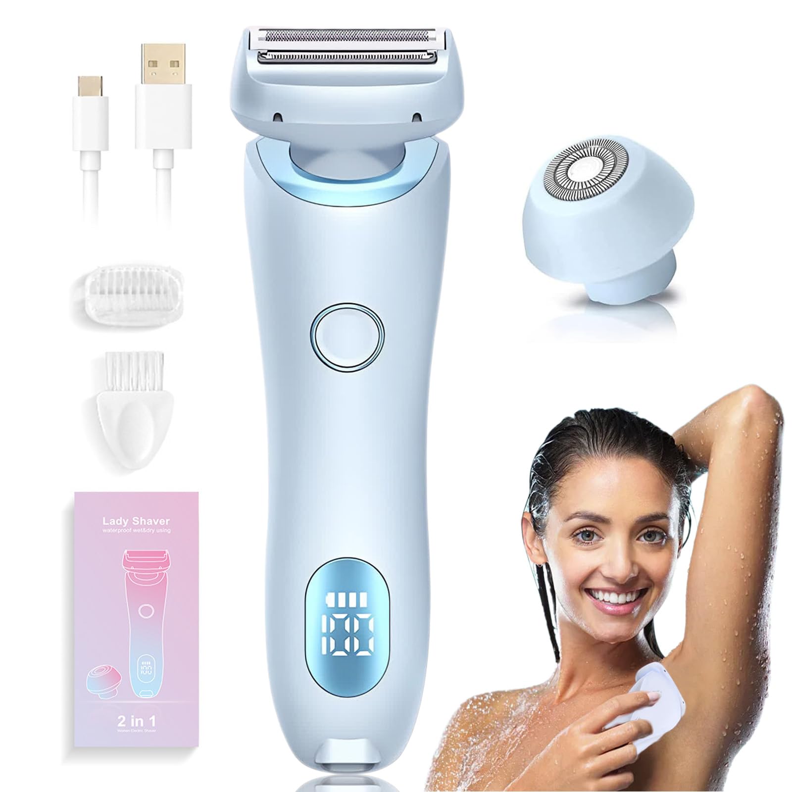 2025 Upgraded Women's 2-in-1 Electric Shaver - Dual Head Detachable Wet/Dry Hair Removal Razor for Legs, Bikini & Underarms | Painless & Rechargeable (Blue) - Perfect for Travel, Gym & Quick Touch-ups