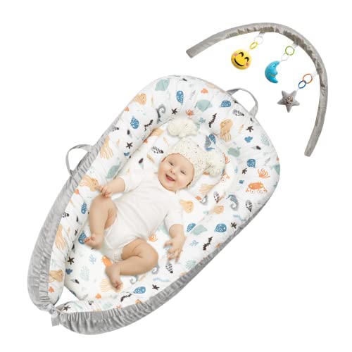 Koko Bambi Baby Lounger for Newborns - Organic Cotton Breathable Baby Nest Sleeper with Detachable Toys Arch | Portable & Lightweight Co-Sleeping Bed | Perfect Baby Shower Gift for Travel, Nursery & Home Use