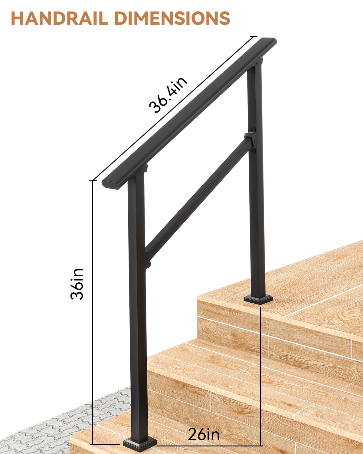 GARVEE 3-Step Outdoor Metal Handrail - Black Finish Stair Railing for Steps, Porch, Deck & Patio Safety