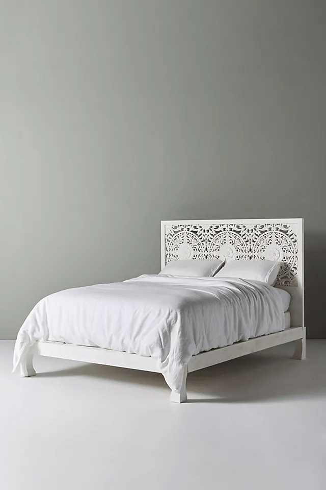 Hand Carved White Low Lombok Bed - Solid Indian Wooden Bed Frame for Master Bedroom & Guest Room - Perfect for Modern, Boho & Farmhouse Home Decor
