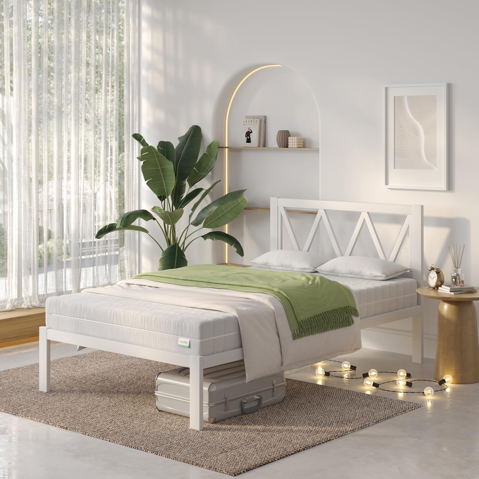 Novilla Twin Bed Frame with Headboard - Sturdy Metal Platform Bed with Wood Slat Support, No Box Spring Needed, Easy Assembly in White | Perfect for Kids Rooms, Guest Bedrooms & Small Spaces