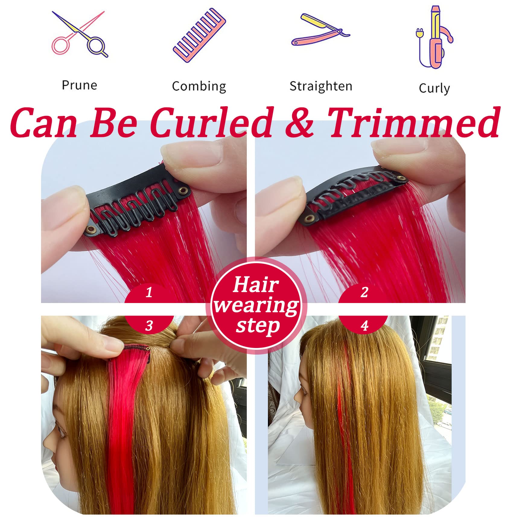 12 Pcs Red Clip-in Hair Extensions for Women - Straight Synthetic Hairpieces with Multi-Colors Highlights for Party, Cosplay & Daily Styling