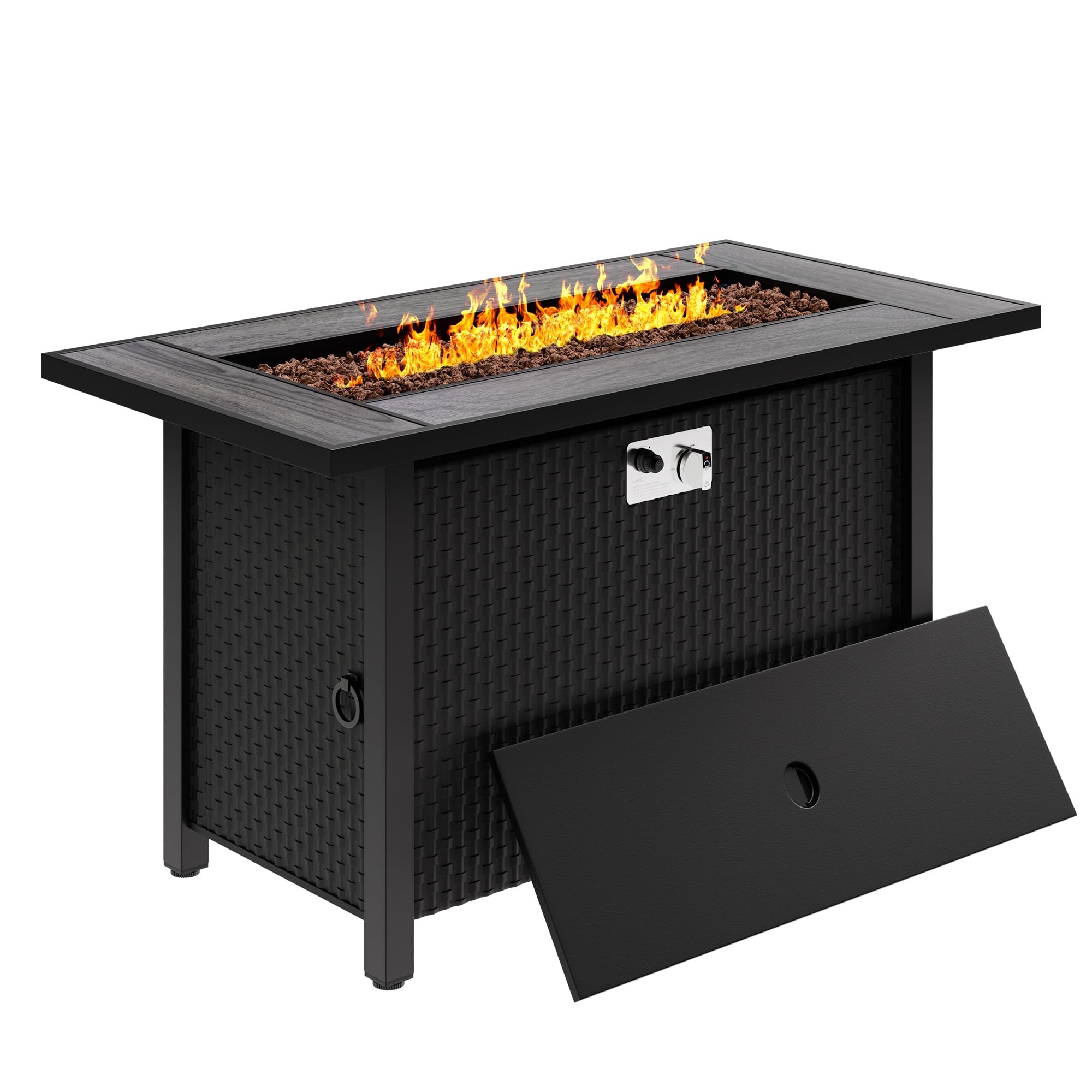 Meilocar 45-inch Propane Fire Pit Table with Red Lava Rocks & Rain Cover - 50,000 BTU 2-in-1 Outdoor Fire Table with Tile Top for Patio, Backyard, Garden, Deck, or Balcony - Perfect for Outdoor Entertaining, Camping, and Relaxation - Gray Tabletop