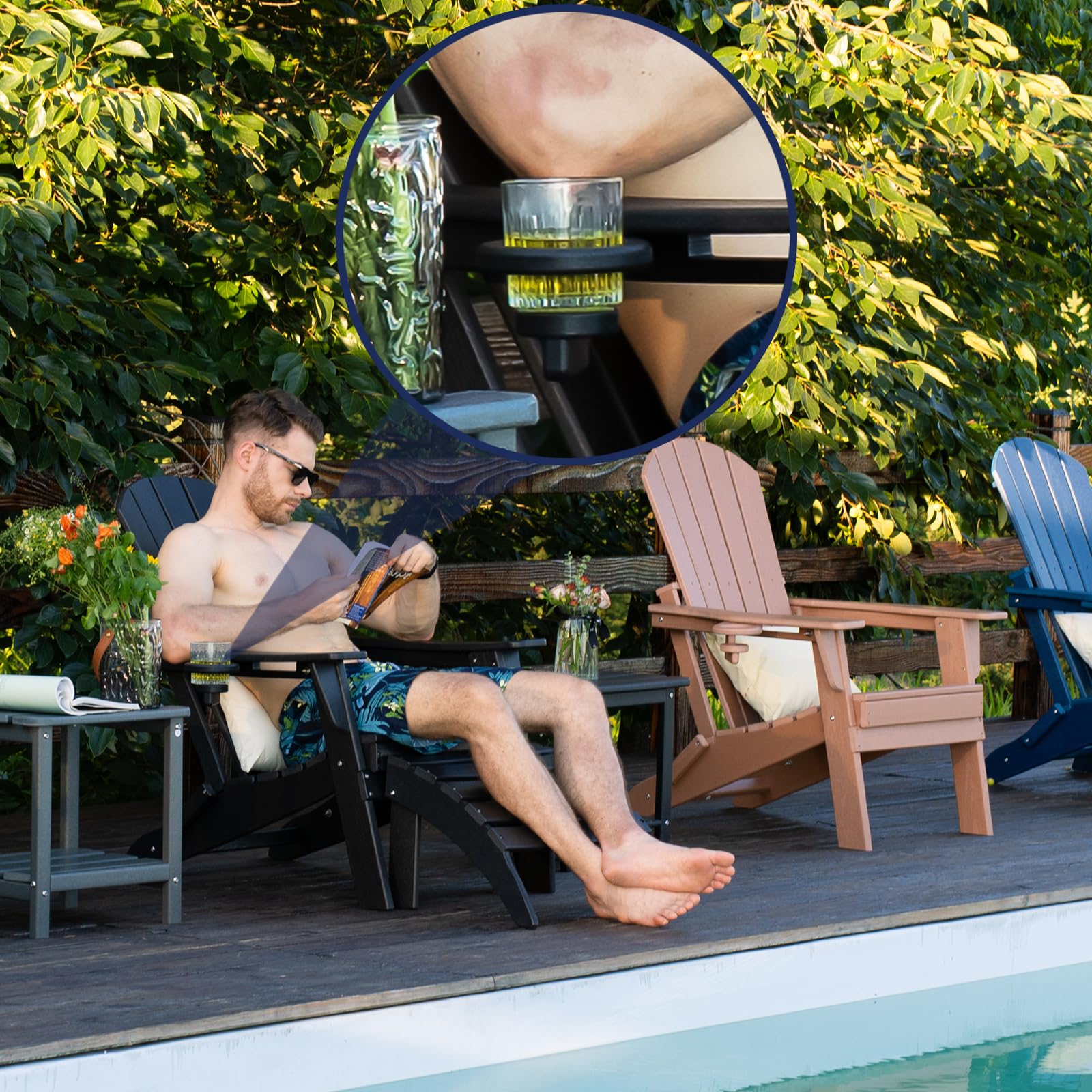 Premium Folding Adirondack Chair with Ergonomic Backrest - Heavy Duty 400lbs Capacity All-Weather HDPE Material - Low Maintenance Outdoor Patio Furniture with Cup Holder (Black) - Perfect for Backyard, Garden, Poolside & Camping Relaxation