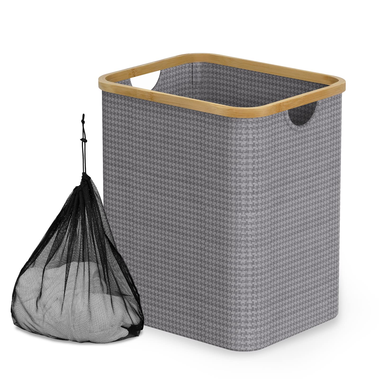 EZDeco Slim Foldable Laundry Basket with Bamboo Handles - Collapsible Clothes Hamper with Removable Washable Liner - Space Saving Laundry Bin for Dirty Clothes - Perfect for Laundry Room, Bathroom, Bedroom & Dorm Organization