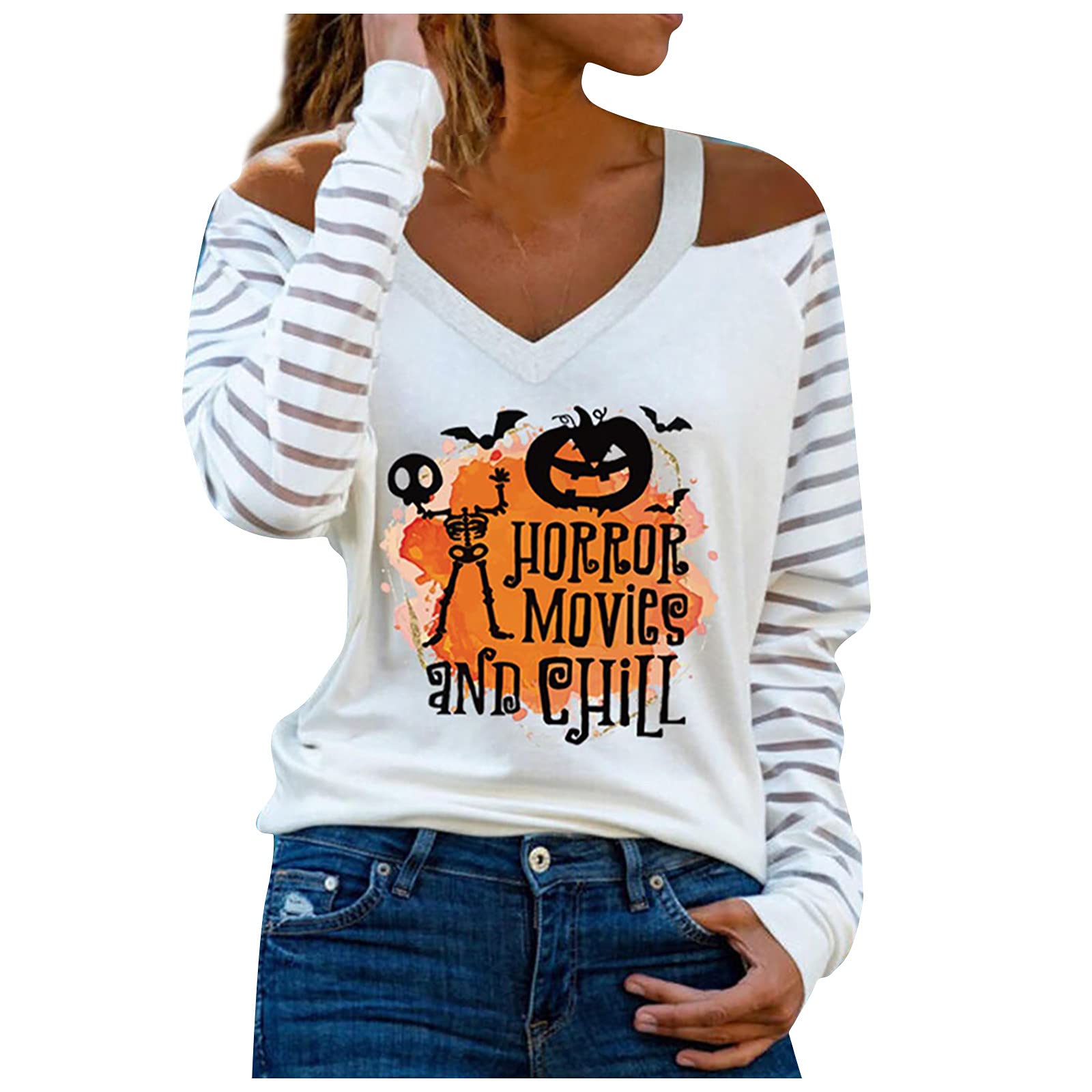 Women's Halloween Pumpkin Print Cold Shoulder Striped Long Sleeve Vintage T-Shirt | Casual Fall Outfit for Parties, Costumes & Seasonal Fashion