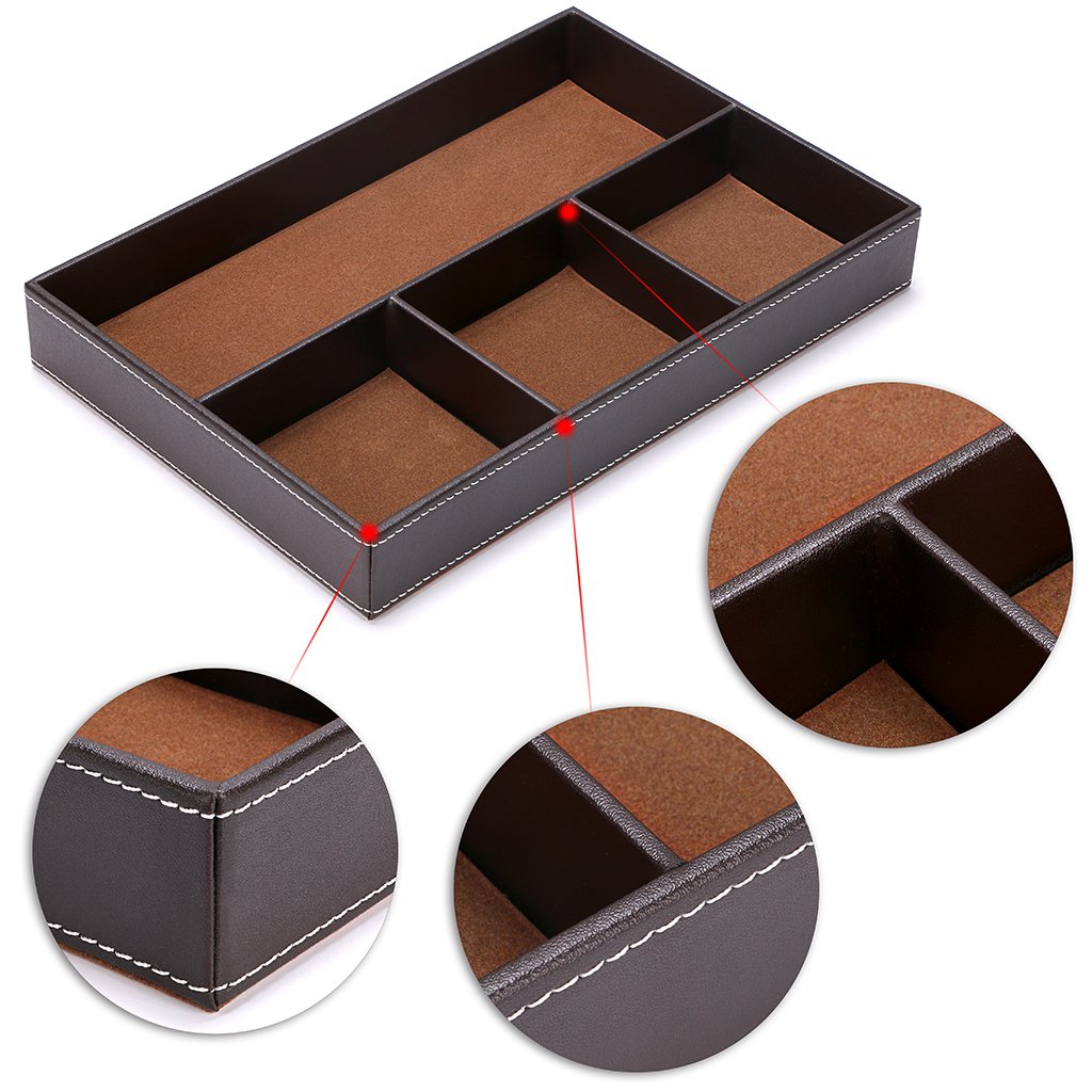 BTSKY 4-Slot PU Leather Desk Drawer Organizer - Office Supplies Storage Tray for Pens, Paper Clips & Accessories - Multi-Purpose Desktop Organizer (Brown) - Perfect for Home Office, School & Workspace Organization