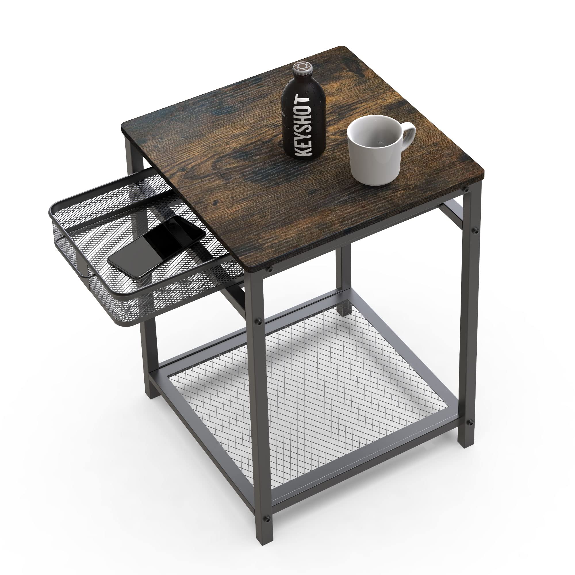 IANIYA Rustic Brown End Table with Grid Storage Drawer - Nightstand, Sofa Side Table for Living Room & Bedroom - Perfect for Small Spaces, Apartment Decor, and Coffee Table Organization