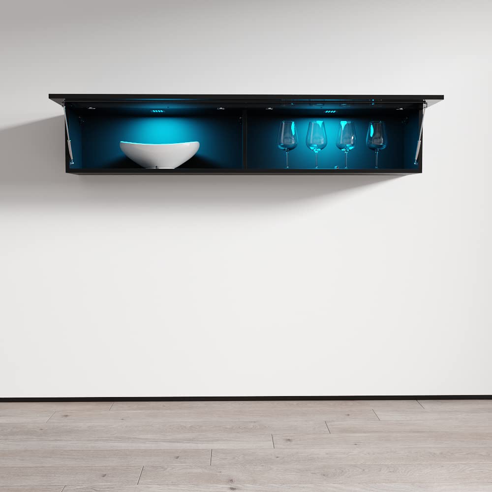 Modern Floating Media Cabinet - Durable Wooden Wall-Mounted Storage with High Gloss Finish & LED Lighting - Black Rectangular TV Stand for Living Room, Bedroom, or Home Theater
