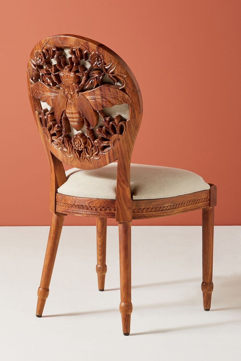 Hand Carved Bee Design Wooden Dining Chair - Natural Indian Wood - Perfect for Home, Restaurant, and Outdoor Dining