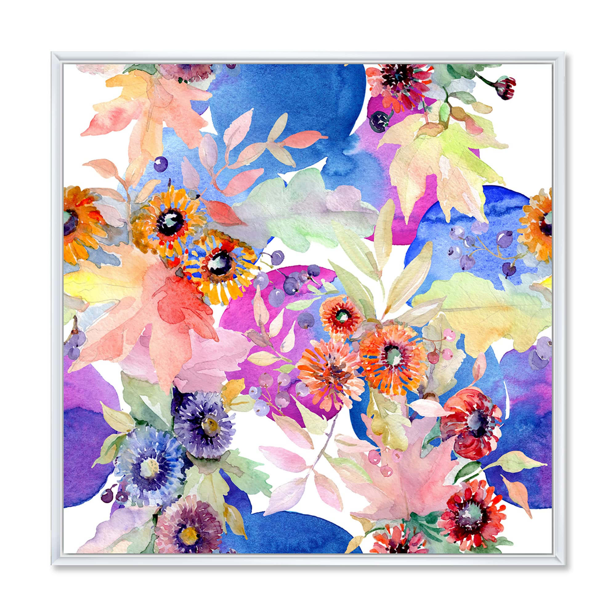 DesignQ Vibrant Wild Spring Leaves & Wildflowers IV - Modern Framed Canvas Wall Art Print for Living Room, Bedroom & Office Decor