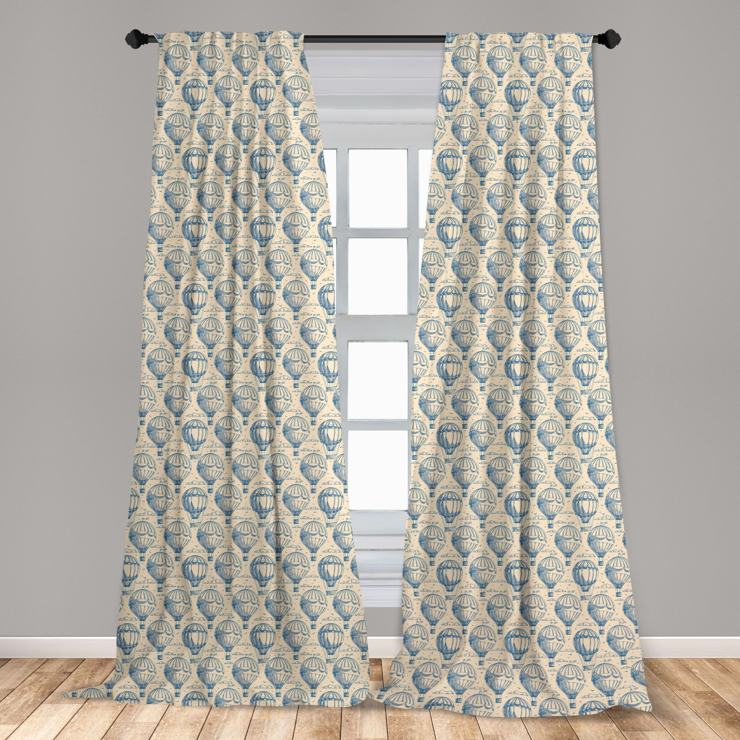 Ambesonne Blue and Beige Window Curtains - Sketch Art Style with Hot Air Balloons, Clouds & Flying Birds - Lightweight 2-Panel Set with Rod Pocket (28