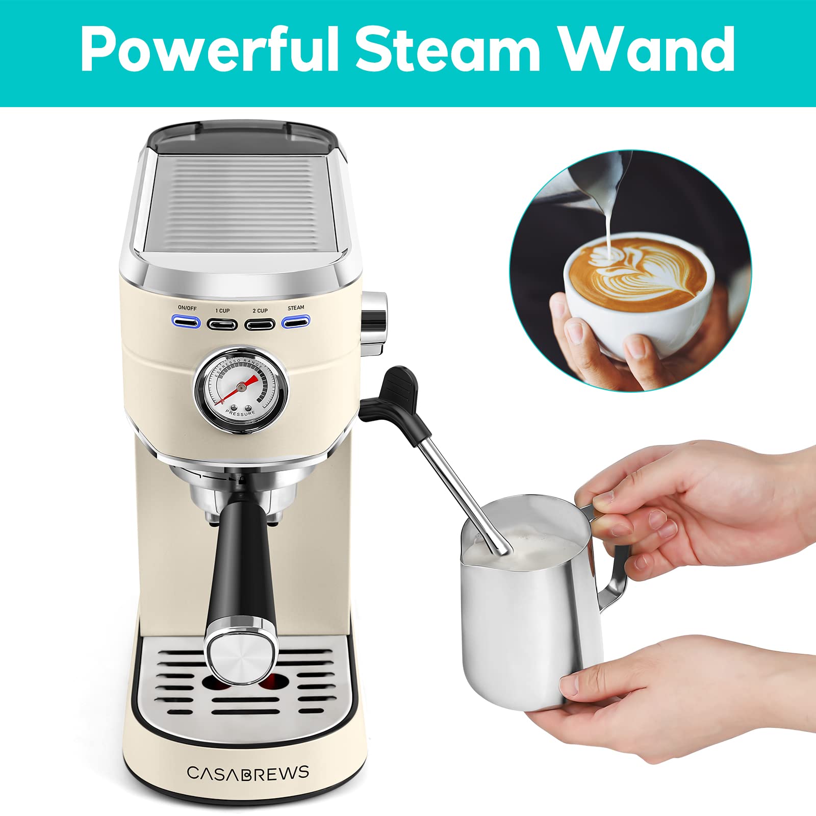 CASABREWS 20 Bar Espresso Machine with Milk Frother - Stainless Steel Coffee Maker, 34oz Removable Water Tank for Creamy Espresso & Latte - Perfect for Home Baristas & Coffee Lovers