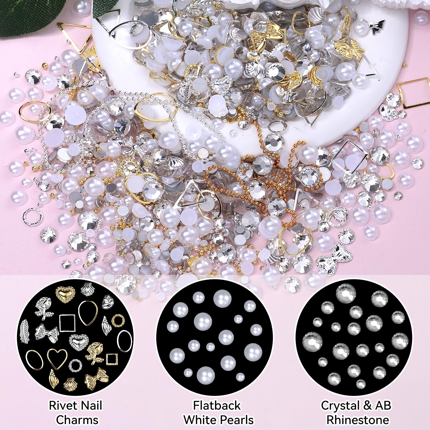 Premium White Nail Rhinestones & Pearls - Gold Silver Bow Heart Studs for Nail Art, 2-5mm Half Round Flatback Metal Caviar Beads - Perfect for DIY Manicures, Salon Nail Designs & Professional Nail Art Supplies