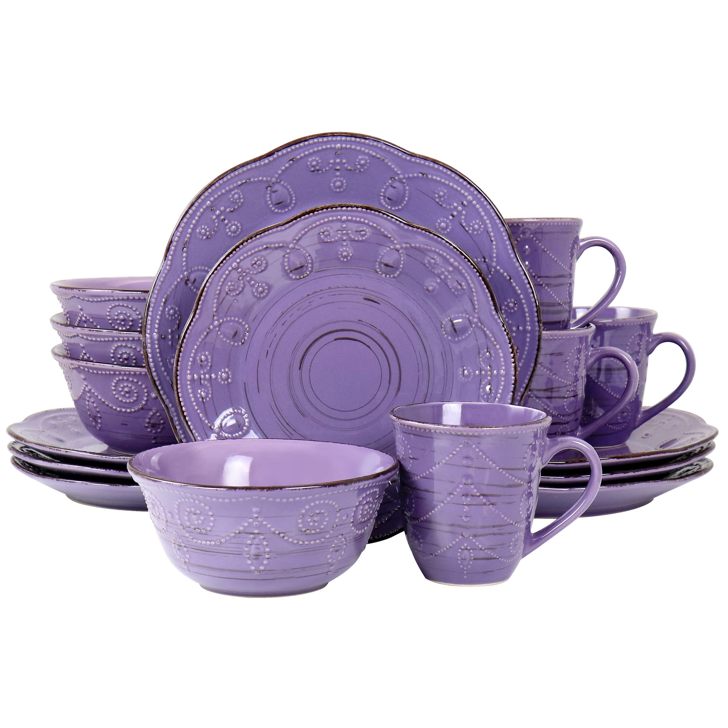 Elama Rustic Birch 16-Piece Stoneware Dinnerware Set - Purple with Brown Accents, Durable Ceramic Plates & Bowls for Everyday Dining, Dinner Parties & Family Gatherings (EL-RUSTICBIRCH)