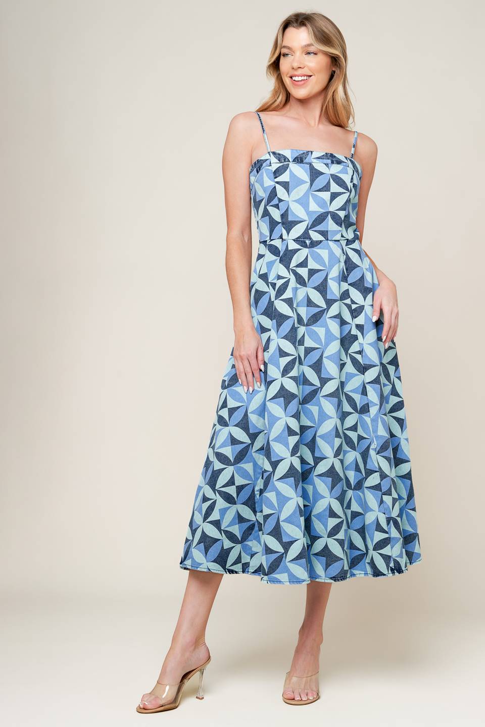 GWENNY Geometric Blue Denim Midi Dress - Stylish Casual & Party Wear for Women | Perfect for Office, Date Night & Summer Outings