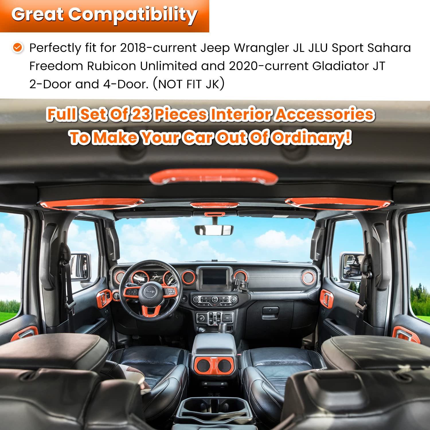 23PCS Full Interior Trim Kit for Jeep Wrangler JL JLU & Gladiator JT (2018-2023) - Steering Wheel, Door Handles, AC Vents, Cup Holders, Reading Lights - Orange Accent Upgrade for Off-Road & Daily Driving
