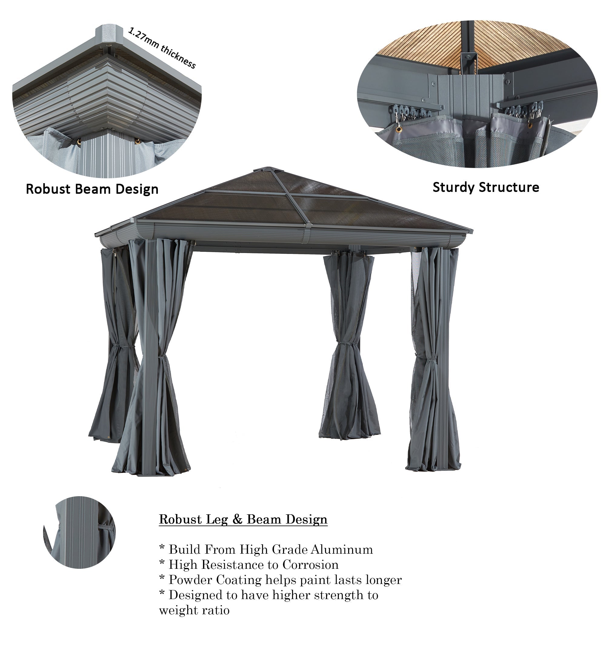 Venus Slate Gazebo with Polycarbonate Roof - Waterproof Outdoor Canopy for Patio, Garden & Backyard - Durable Aluminum Frame Gazebo with UV Protection - Perfect for Outdoor Entertaining & Relaxation