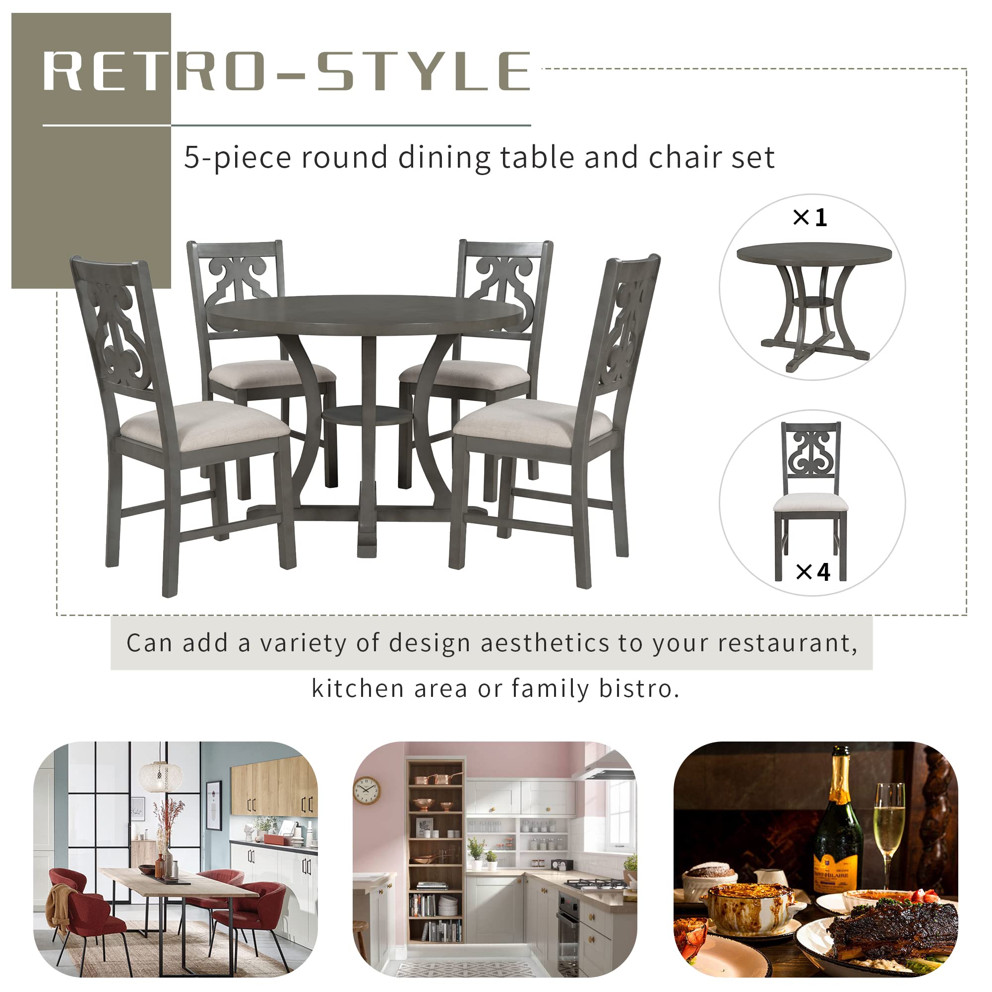 Polibi 5-Piece Round Wooden Dining Table Set with Unique Shaped Legs & 4 Elegant Hollow Back Chairs - Gray Modern Kitchen & Dining Room Furniture for Family Gatherings & Dinner Parties