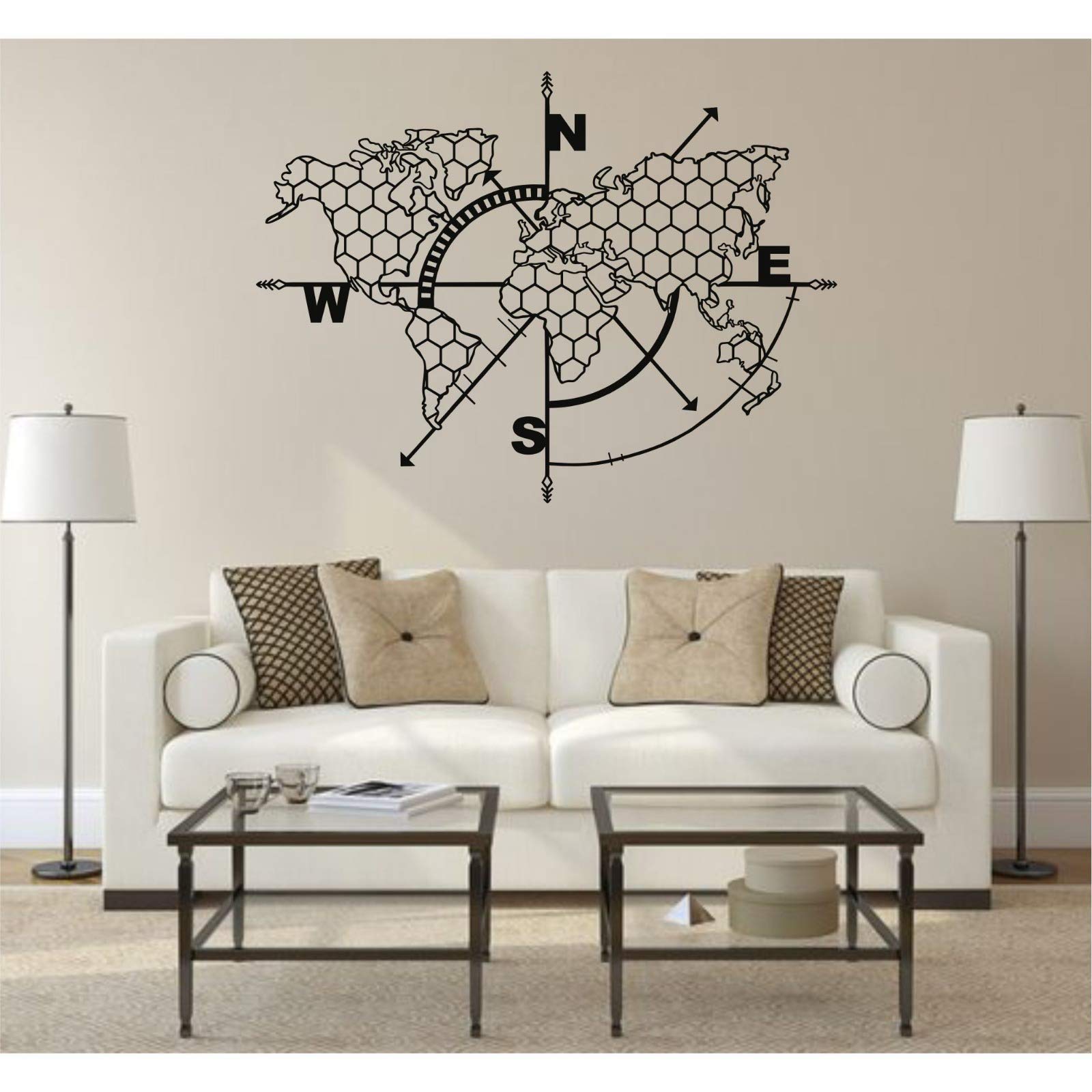 DEKADRON 3D Metal World Map Wall Art with Compass Honeycomb Design - Black 39