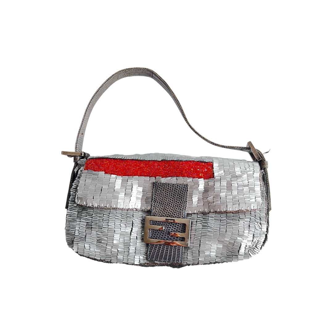 Fendi Silver Sequin with Orange Beaded Strip Baguette Bag - Elegant Evening Clutch for Parties, Weddings & Special Occasions