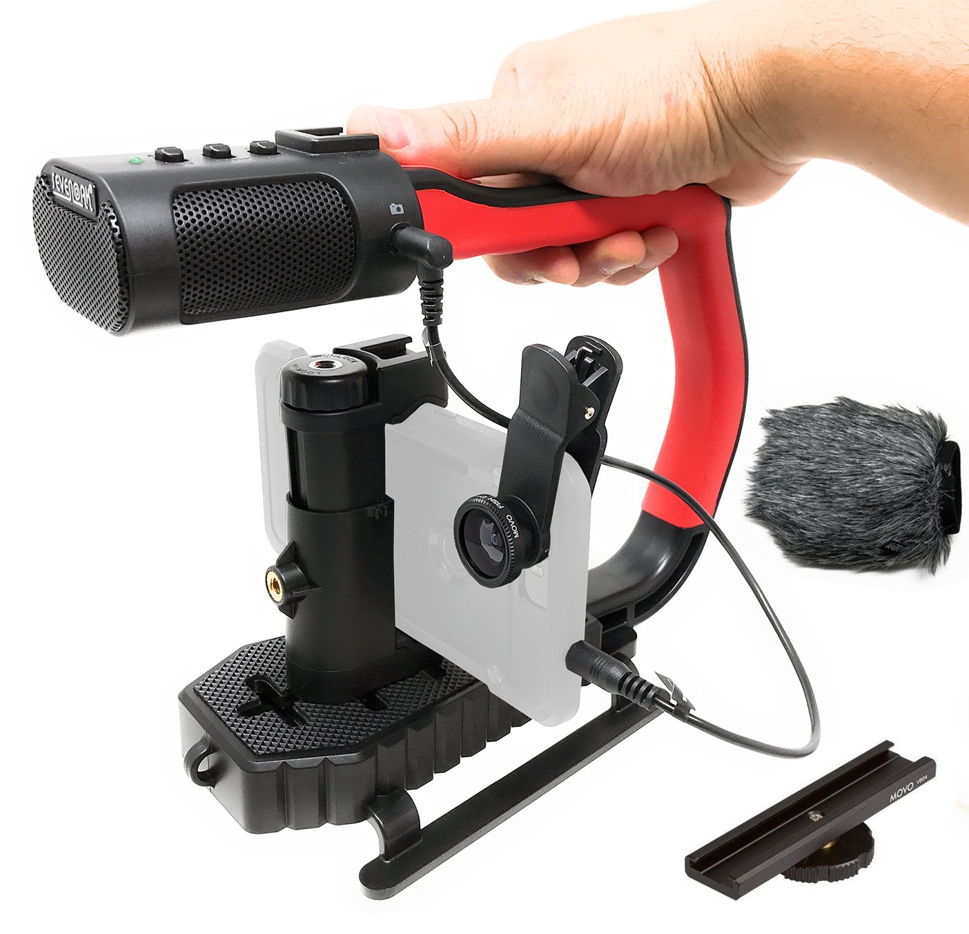 Sevenoak MicRig Universal Video Grip Handle with Built-in Stereo Mic, Windscreen & Shoe Extender - Compatible with DSLR Cameras, iPhone, Android Phones, GoPro (Red) - Perfect for Vlogging, Live Streaming & Outdoor Shooting