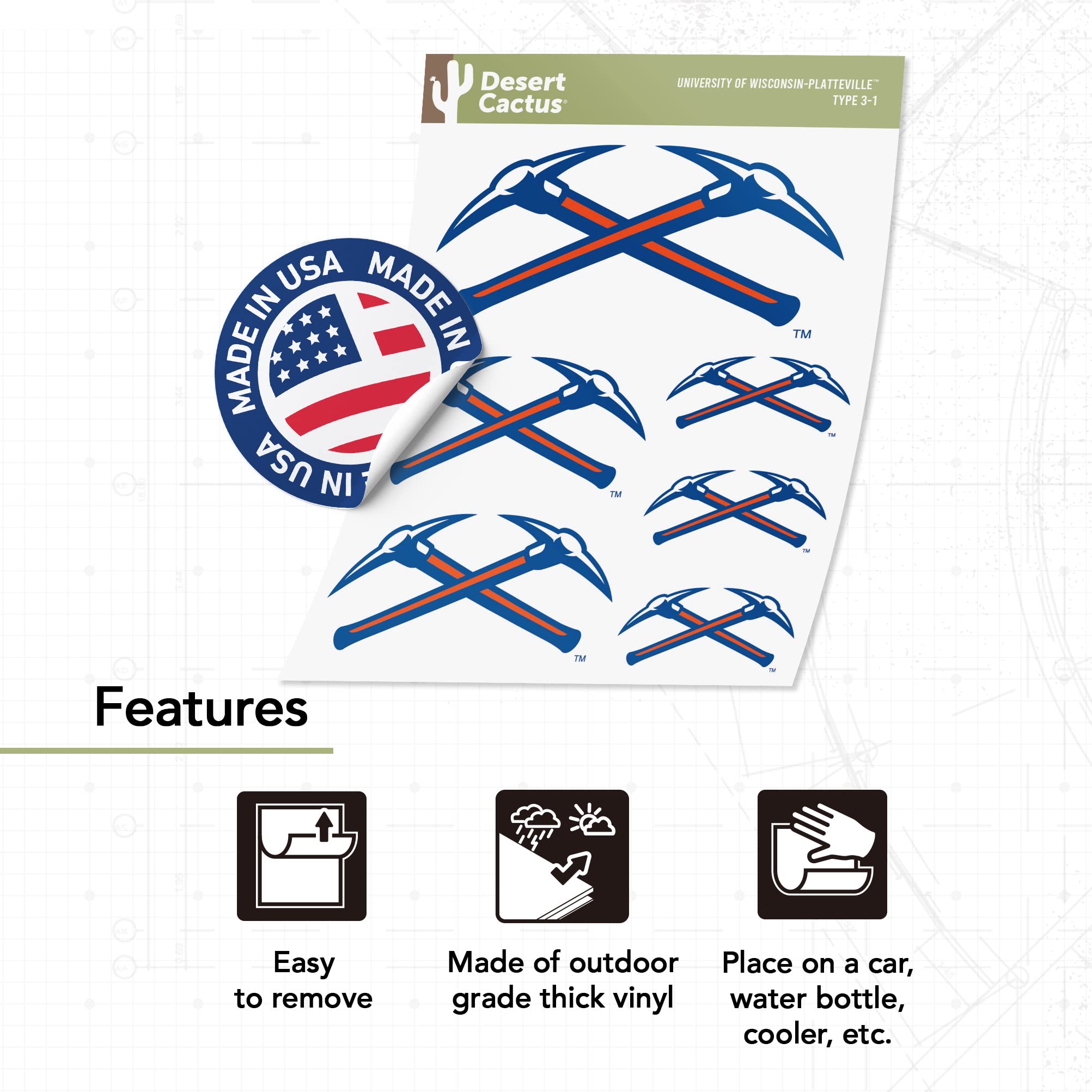 UWP Pioneers Vinyl Decals - Desert Cactus University of Wisconsin Platteville Stickers for Laptop, Water Bottle, Car & Scrapbook | Durable T3 (Type 3-1) Decals for School Spirit & Fan Gear