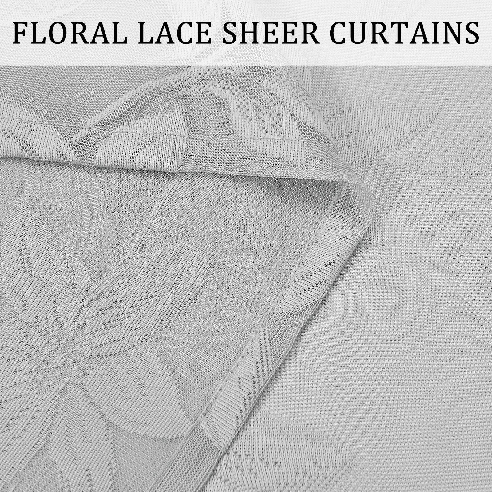 DWCN Grey Floral Lace Sheer Curtains - Rod Pocket Window Voile Sheer Drapes for Bedroom & Kitchen, 52 x 45 Inch Short Curtains Set of 2 Panels - Elegant Home Decor for Living Room, Nursery & Dorm