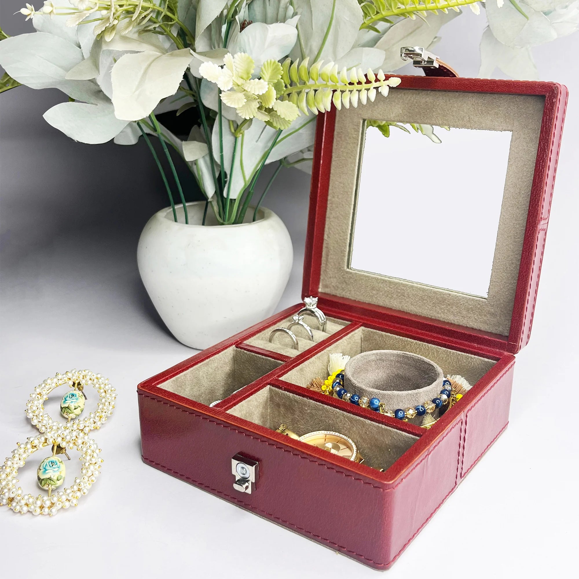 Divine Leather Jewelry Box with Soft Lining - Elegant Red Gift Box for Necklaces, Rings & Earrings - Perfect for Travel, Home Storage & Wedding Gifts