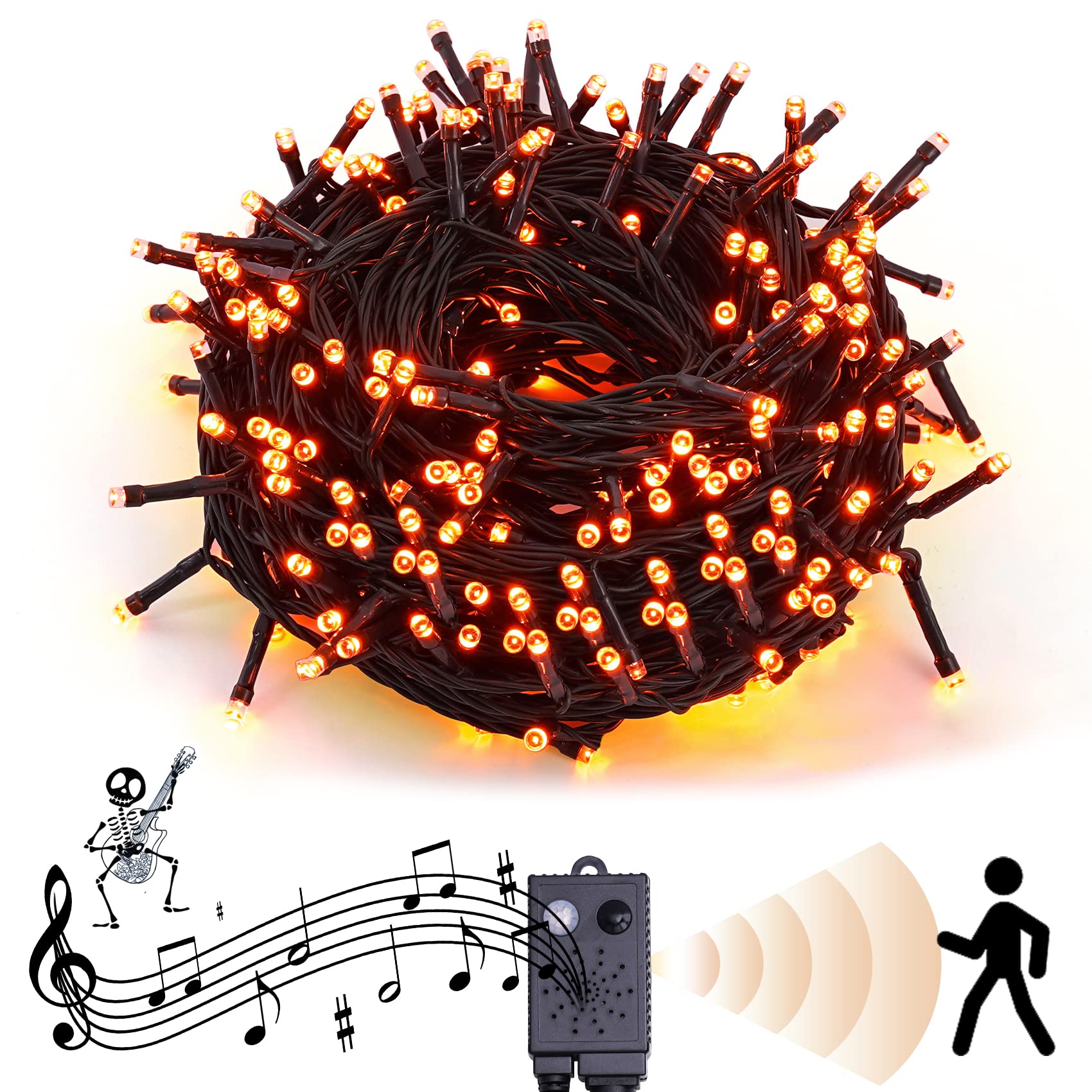 300 LED Halloween String Lights - 114.8ft Waterproof Outdoor Decor with Music Sync & Spooky Sounds | 6 Lighting Modes for Indoor/Outdoor Party, Yard, Room Decoration (Orange) | Perfect for Halloween Parties, Haunted Houses & Seasonal Home Decor