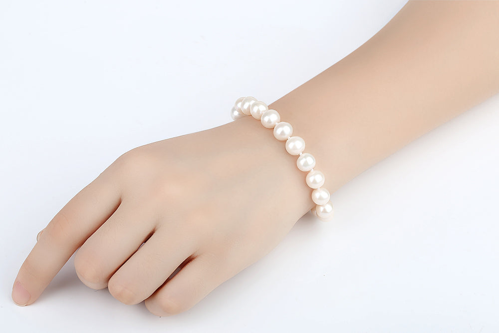 MABELLA 14K Solid White Gold Freshwater Cultured Pearl Bracelet - 8.0-8.5mm White Pearls, 7.5 Inch Adjustable Chain - Elegant Jewelry Gift for Women, Perfect for Weddings, Anniversaries & Special Occasions