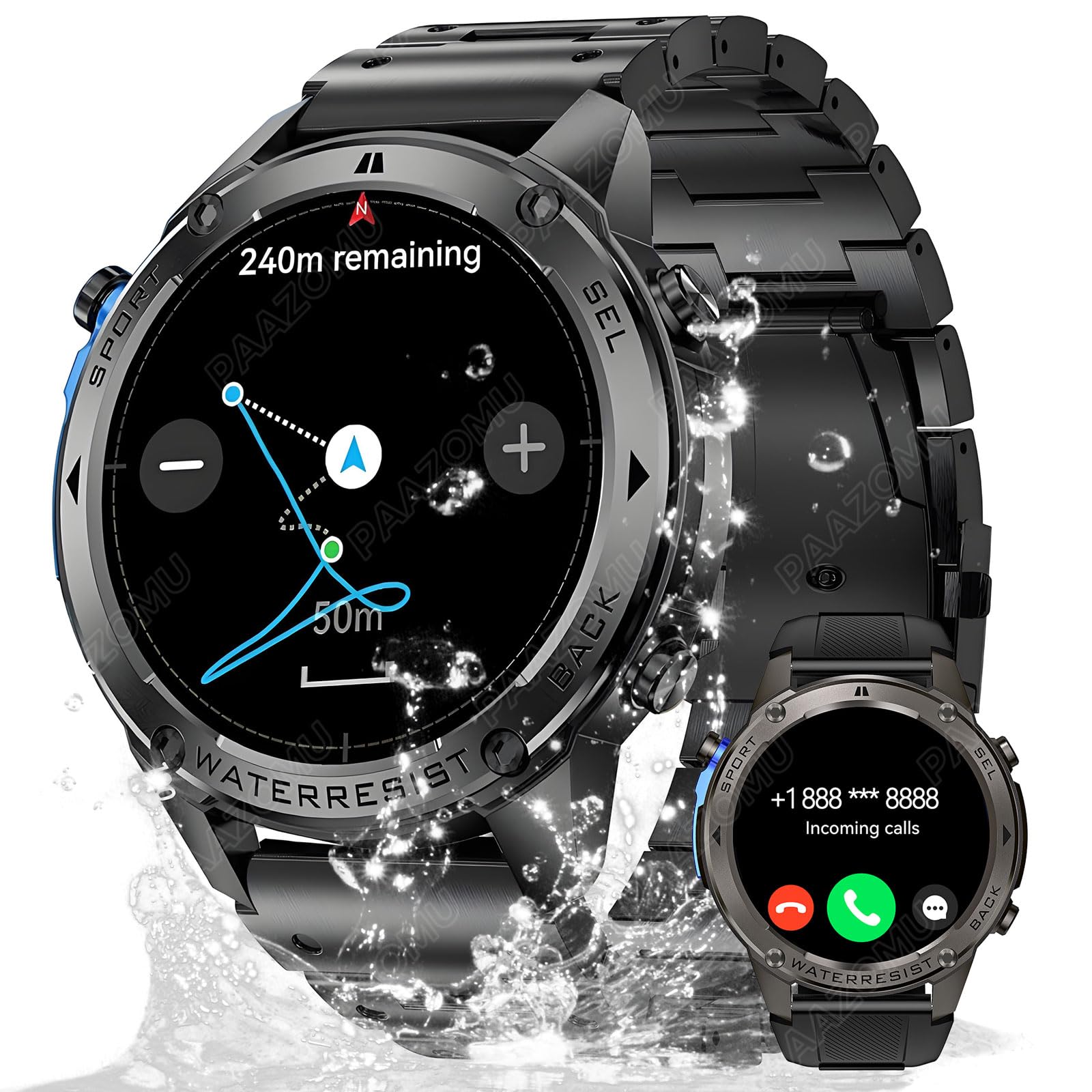 Military Tactical Smartwatch for Men - 5ATM Waterproof, GPS, Compass, Altimeter, Barometer, 1.43