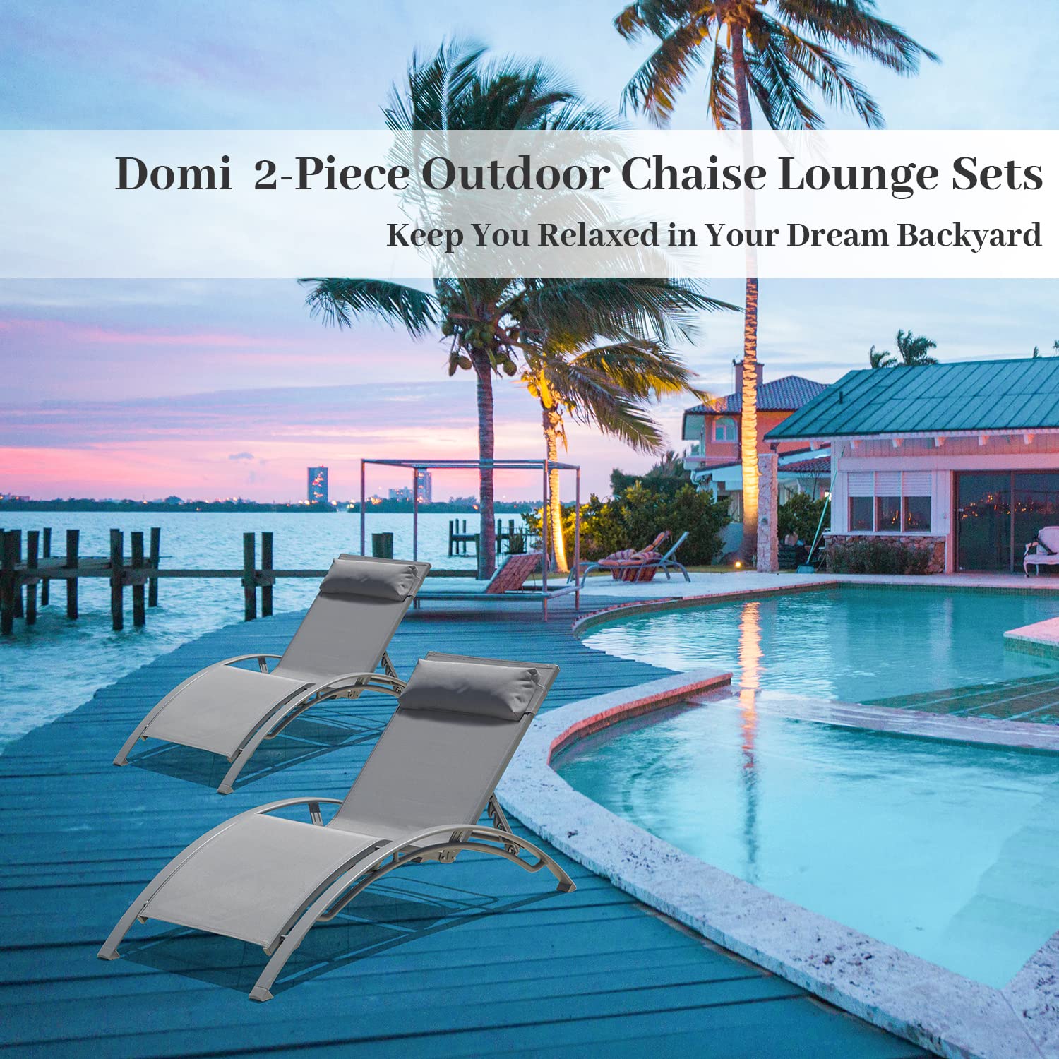Premium Aluminum Lounge Chair Set of 2 - 5-Position Adjustable Outdoor Chaise Lounge for Poolside, Beach, Garden & Patio - Weather-Resistant Gray Patio Furniture for Relaxation & Sunbathing