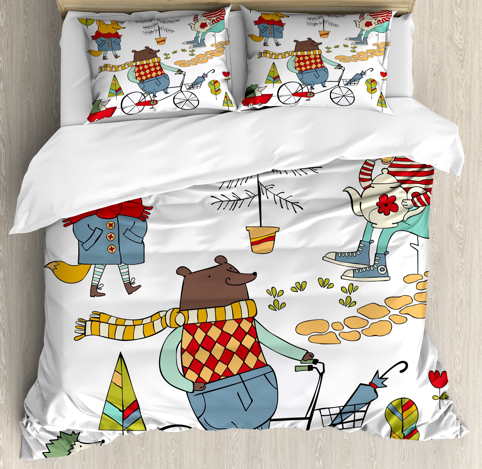 Ambesonne Animal Duvet Cover Set - Bear on Bicycle, Fox in Raincoat & Bunny with Teapot Urban Forest Print, 3-Piece King Size Bedding Set with 2 Pillow Shams, Multicolor - Perfect for Kids' Room, Nursery Decor or Whimsical Bedroom Theme
