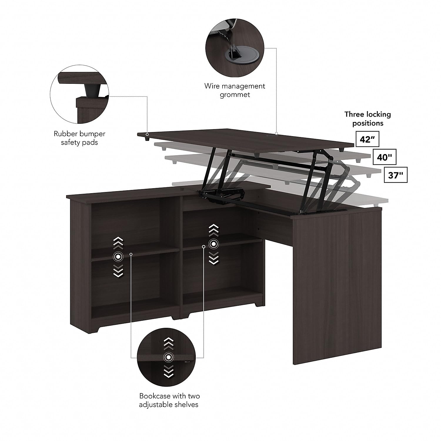 Bush Furniture Cabot 52W 3-Position Adjustable Height Sit to Stand Corner Desk with Storage Shelves in Heather Gray - Perfect for Home Office, Small Spaces & Ergonomic Workstations