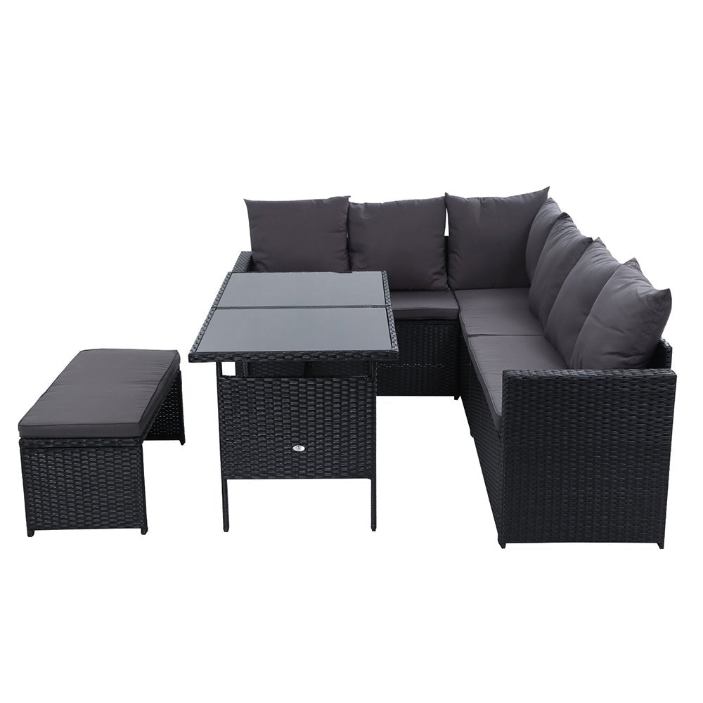 8-Piece Black Wicker Outdoor Patio Furniture Set - Durable Rattan Lounge Seating for Garden, Poolside, and Backyard Relaxation
