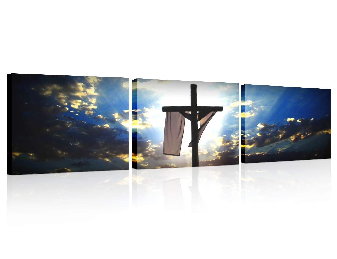 TUMOVO 3-Panel Sunset Cross Wall Art - Modern Christian Religious Framed Paintings for Living Room & Bedroom Decor - Ready to Hang 16x24 Inch Prints - Perfect for Home, Church & Office Inspiration