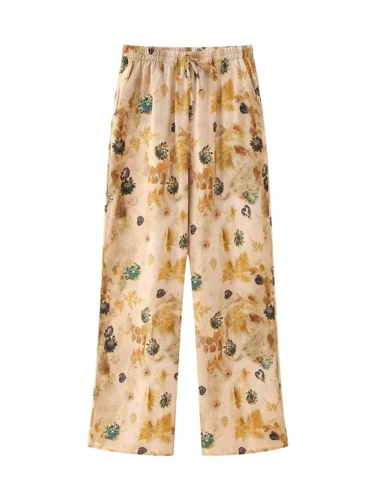 Aonibeier Women's Satin Printed Loose Shirt & Wide Pants Set - Y2K Summer Long Sleeve Casual Blouse Outfit for Women | Perfect for Office Wear, Date Night & Vacation Outfits