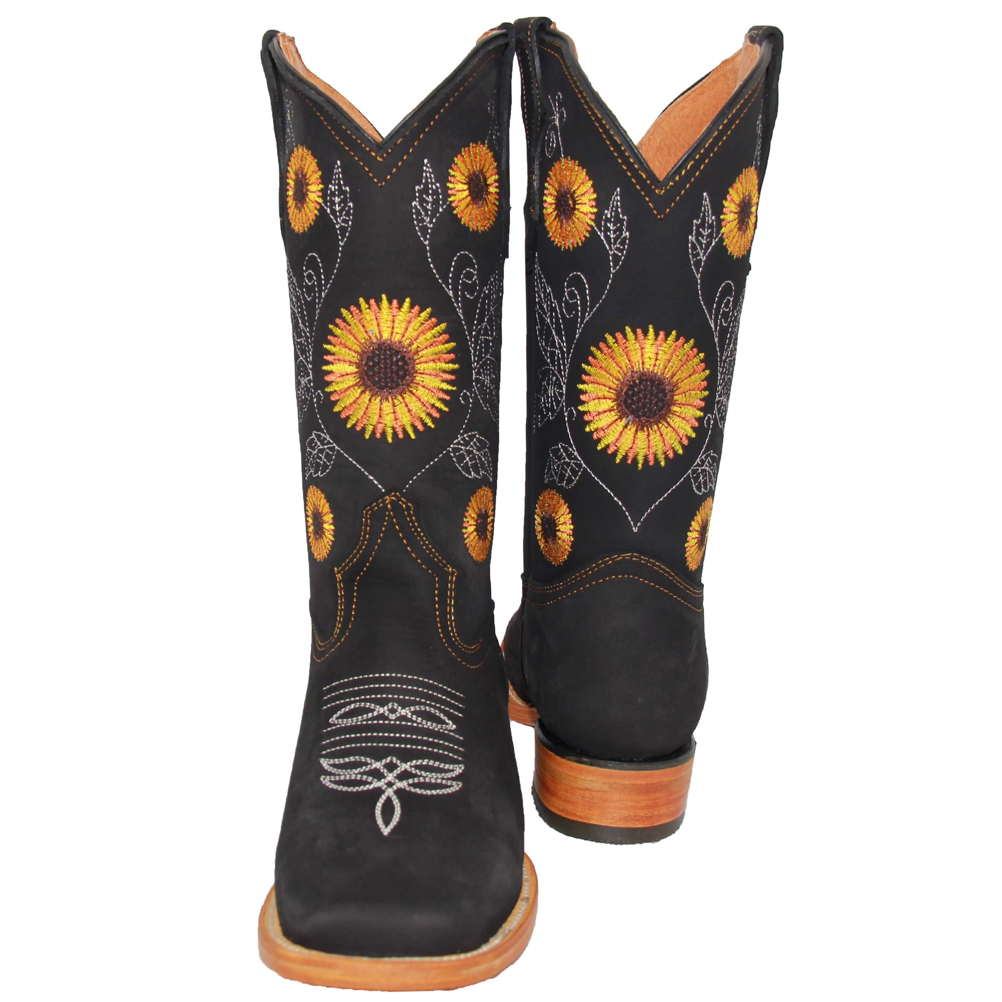 Women's Cowboy Square Toe Leather Boots with Sunflower Embroidery - Western Style Ankle Boots for Country Rodeo, Line Dancing & Fashion Outfits